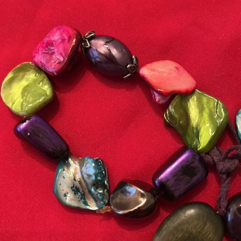 NWT Angela’s Designs 3 stretchy bracelets purple pink green beads & shells